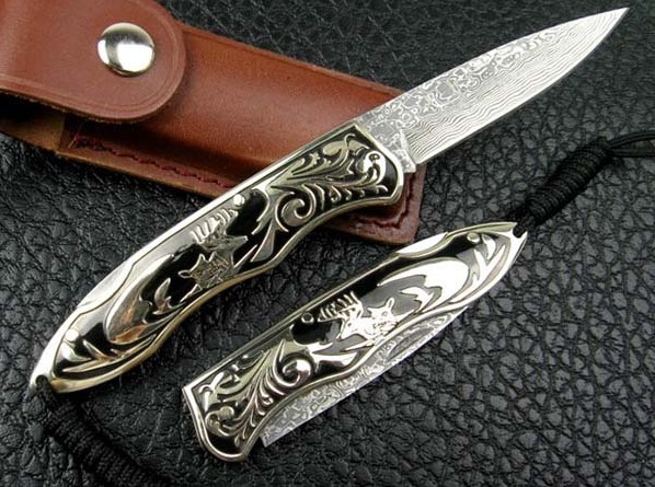 Damascus Steel Small Knife Jungle Folding Knife with Cupronickel Handle UDTEK00537 / UDTEK01204